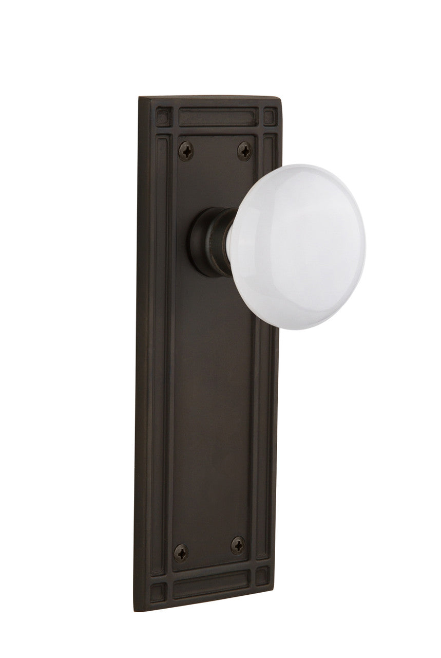 Nostalgic 715836: Mission Backplate w/White Porcelain Knob Passage Door Set - Oil-Rubbed Bronze