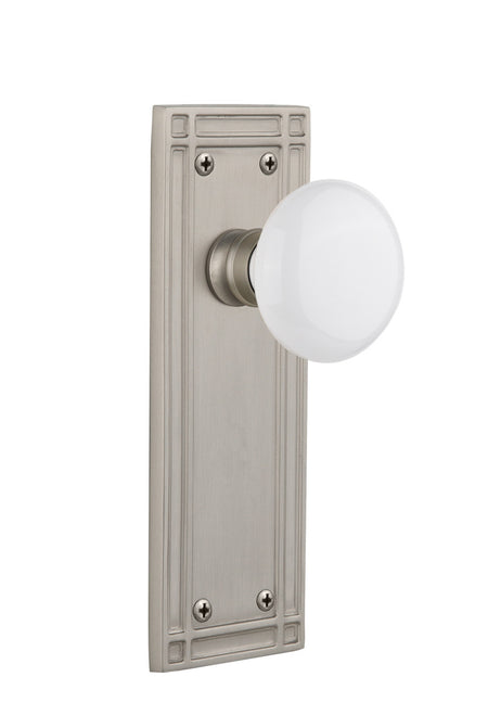 Nostalgic 715837: Mission Backplate w/White Porcelain Knob Passage Door Set - Satin Nickel