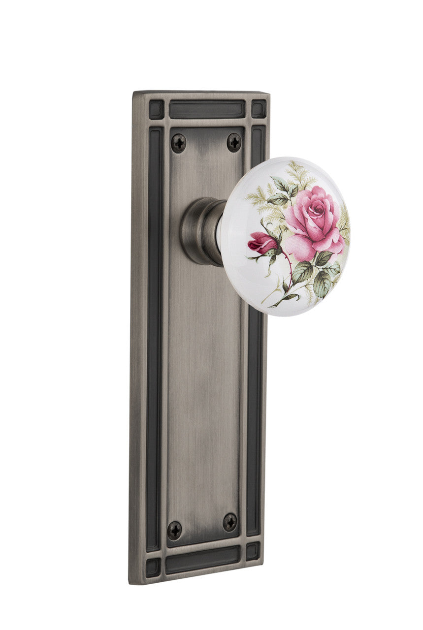 Nostalgic 715855: Mission Backplate w/White Rose Porcelain Knob Passage Door Set - Antique Pewter