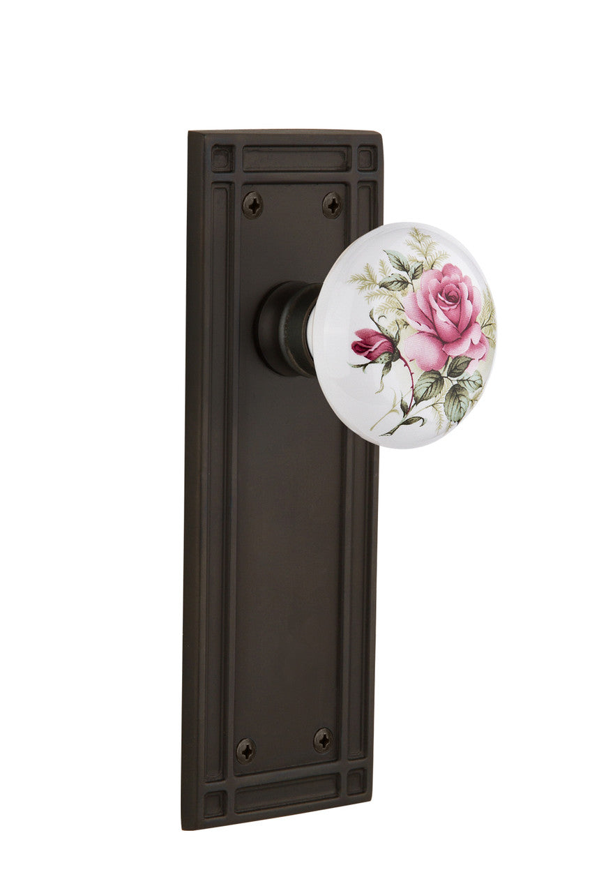 Nostalgic 715856: Mission Backplate w/White Rose Porcelain Knob Passage Door Set - Oil-Rubbed Bronze
