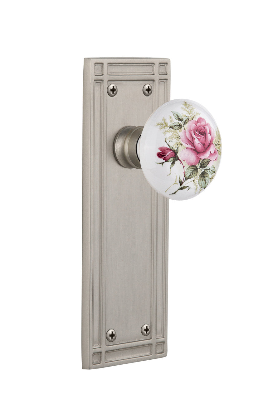 Nostalgic 715857: Mission Backplate w/White Rose Porcelain Knob Passage Door Set - Satin Nickel