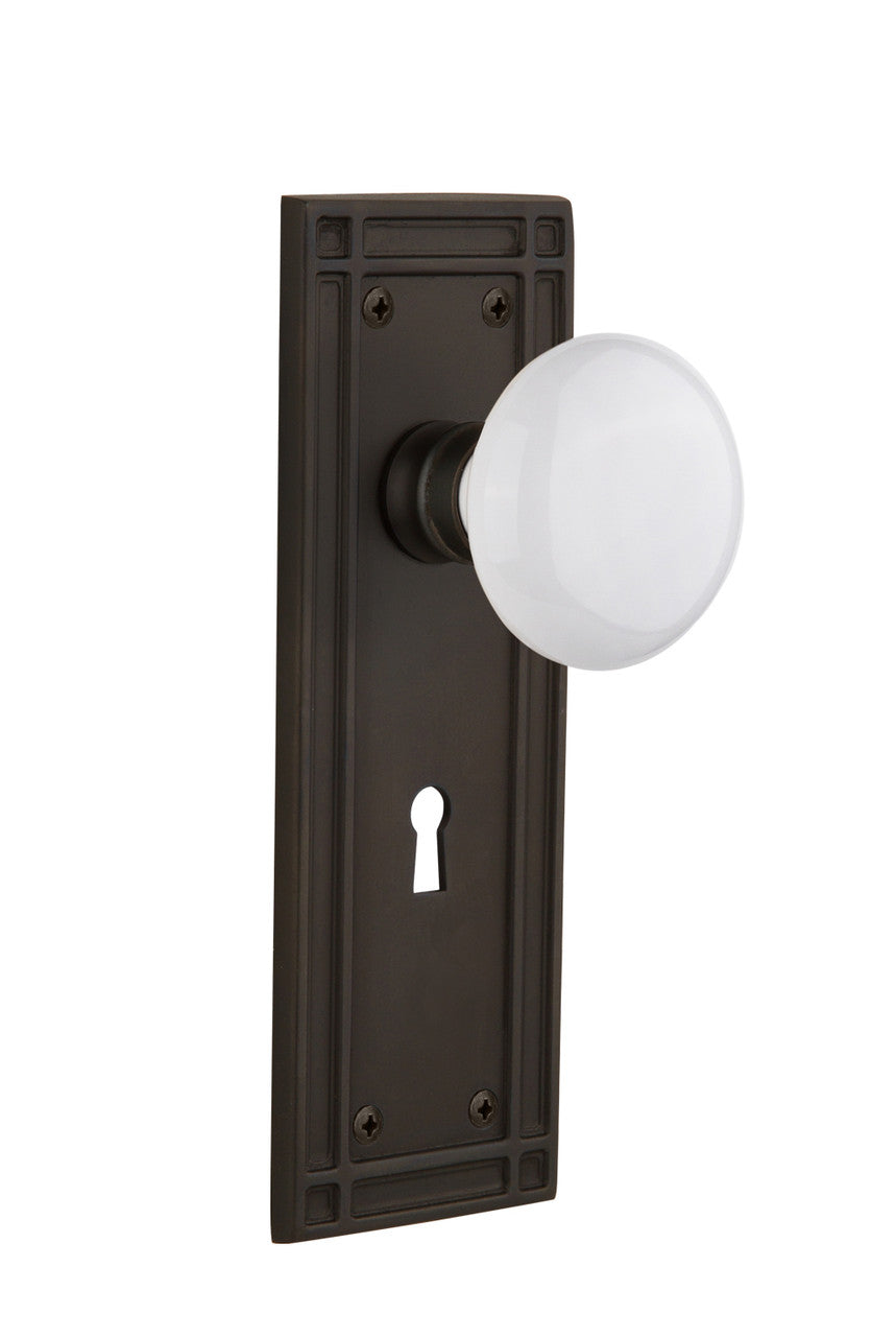 Nostalgic 715900: Mission Backplate w/White Porcelain Knob Passage Door Set - Oil-Rubbed Bronze