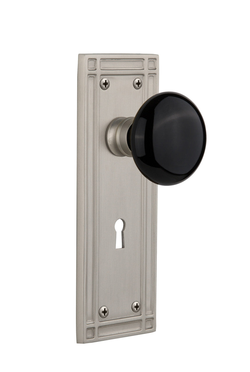 Nostalgic 715905: Mission Backplate w/Black Porcelain Knob Passage Door Set - Satin Nickel