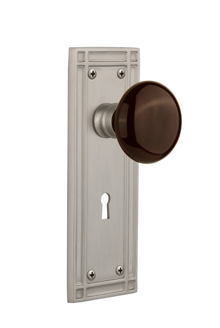 Nostalgic 715909: Mission Backplate w/Brown Porcelain Knob Passage Door Set - Satin Nickel