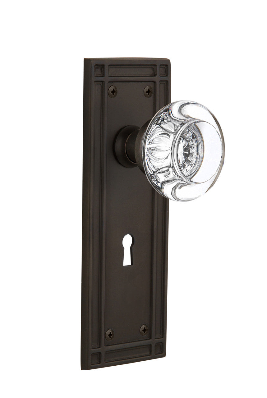 Nostalgic 715924: Mission Backplate w/Round Clear Glass Crystal Knob Passage Door Set - Oil-Rubbed Bronze