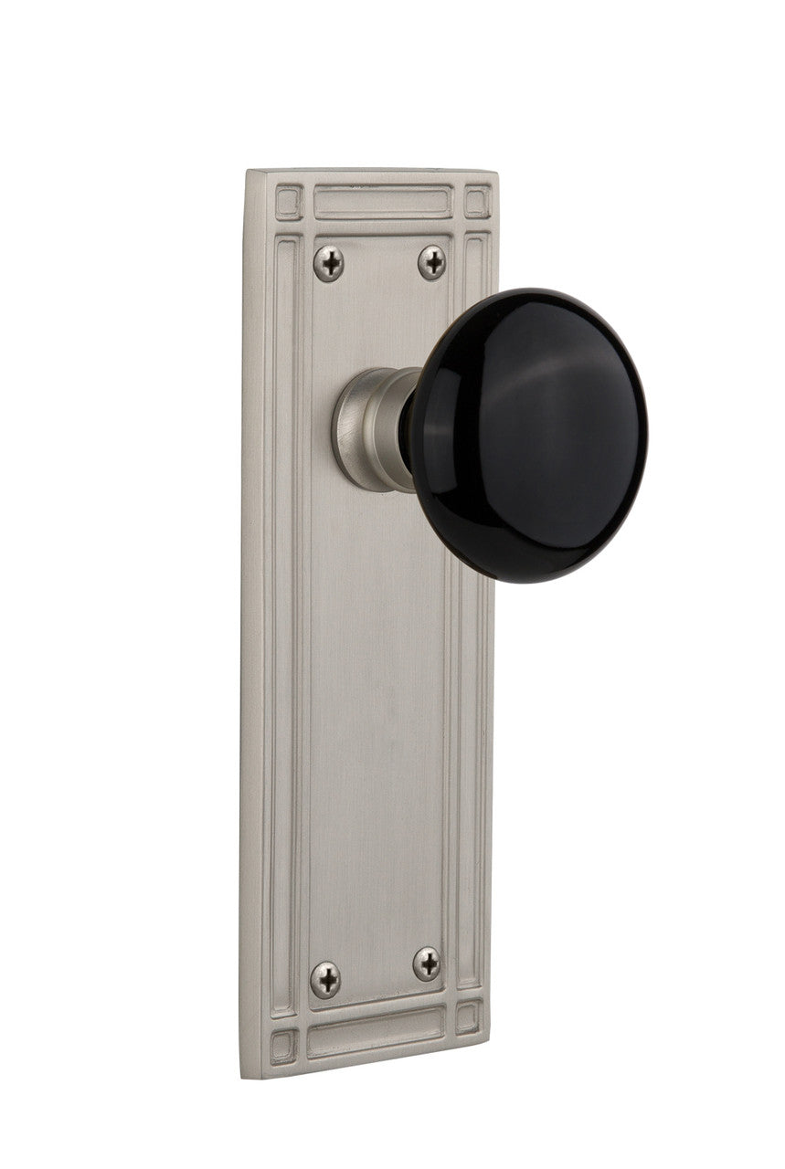 Nostalgic 715969: Mission Backplate w/Black Porcelain Knob Single Dummy Door Set - Satin Nickel