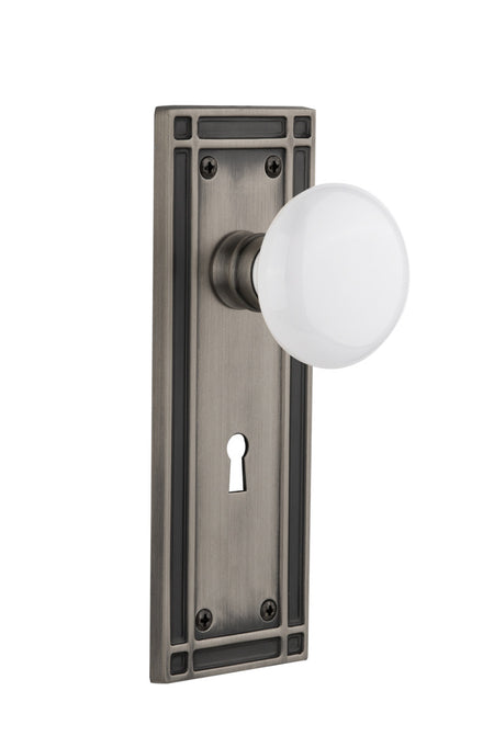 Nostalgic 716027: Mission Backplate w/White Porcelain Knob Single Dummy Door Set - Antique Pewter