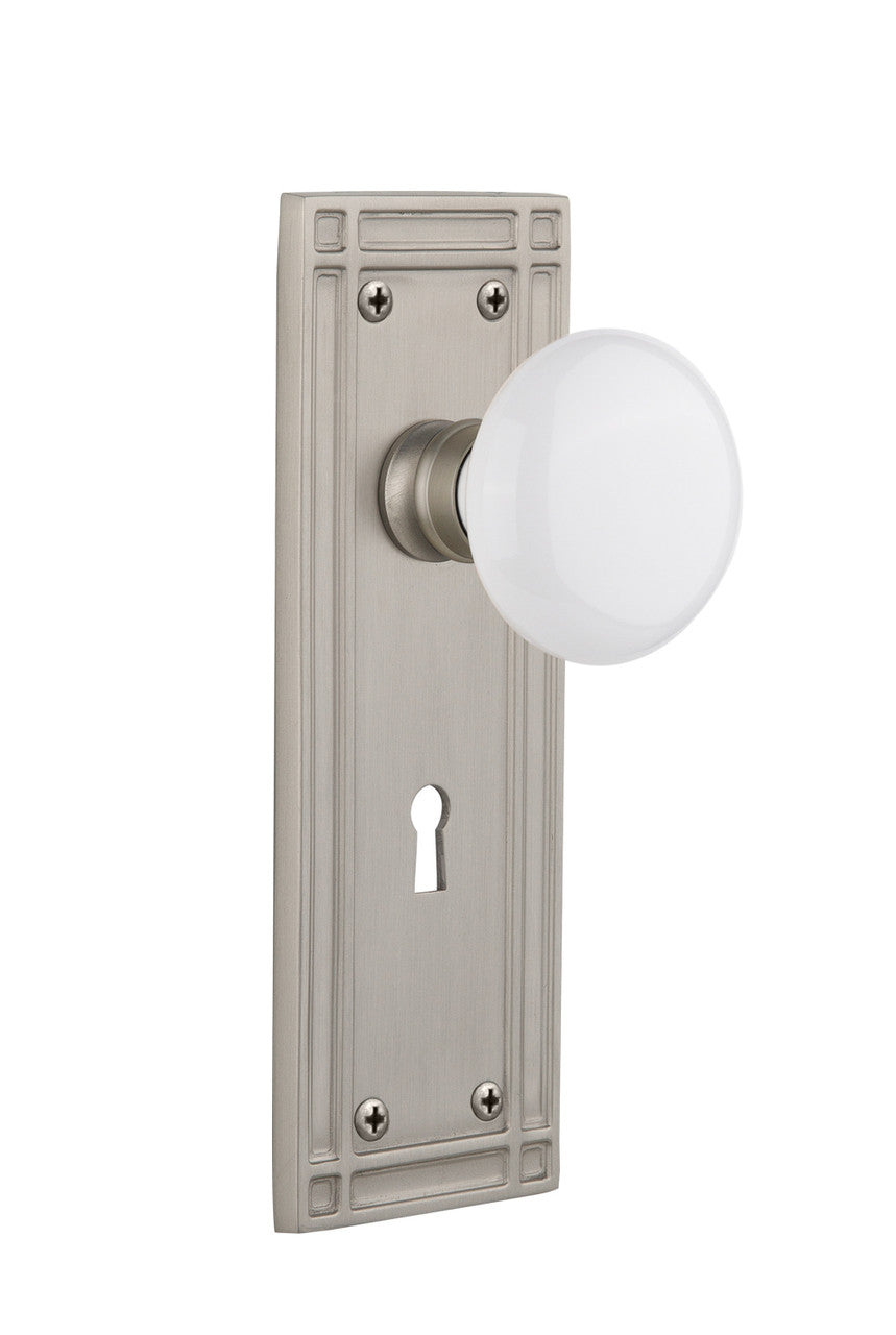 Nostalgic 716029: Mission Backplate w/White Porcelain Knob Single Dummy Door Set - Satin Nickel
