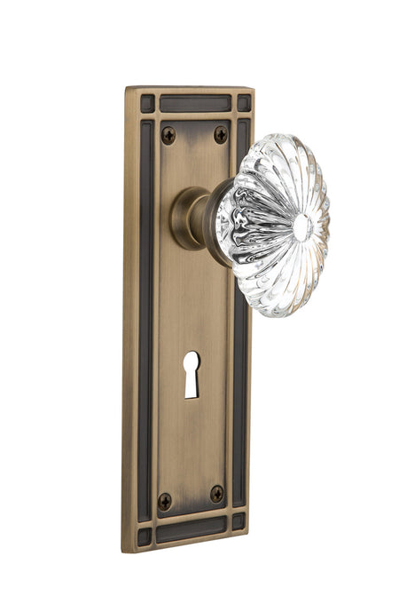 Nostalgic 716042: Mission Backplate w/Oval Fluted Clear Glass Crystal Knob Single Dummy Door Set - Antique Brass