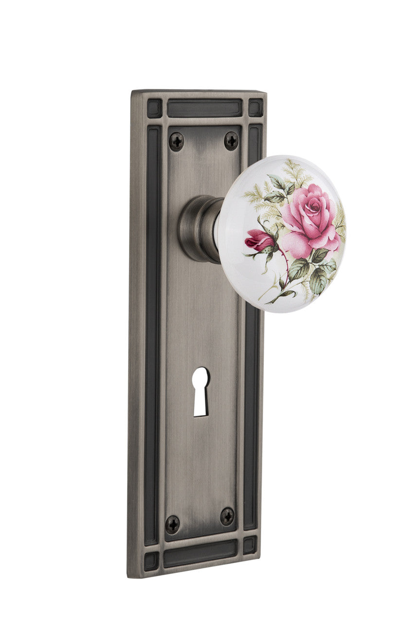 Nostalgic 716047: Mission Backplate w/White Rose Porcelain Knob Single Dummy Door Set - Antique Pewter
