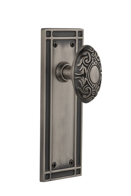 Nostalgic 716211: Mission Backplate w/Victorian Knob Privacy Door Set - Antique Pewter