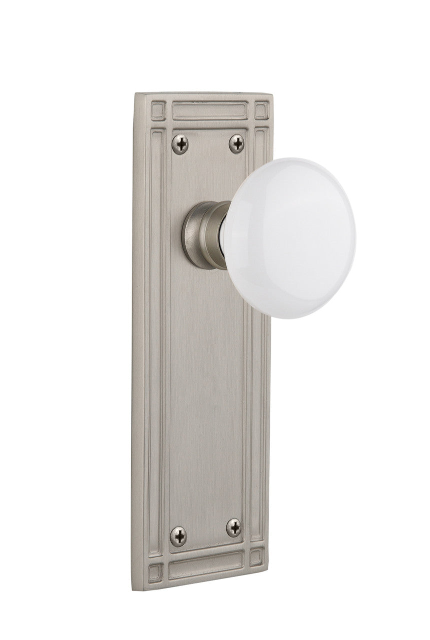 Nostalgic 716221: Mission Backplate w/White Porcelain Knob Privacy Door Set - Satin Nickel