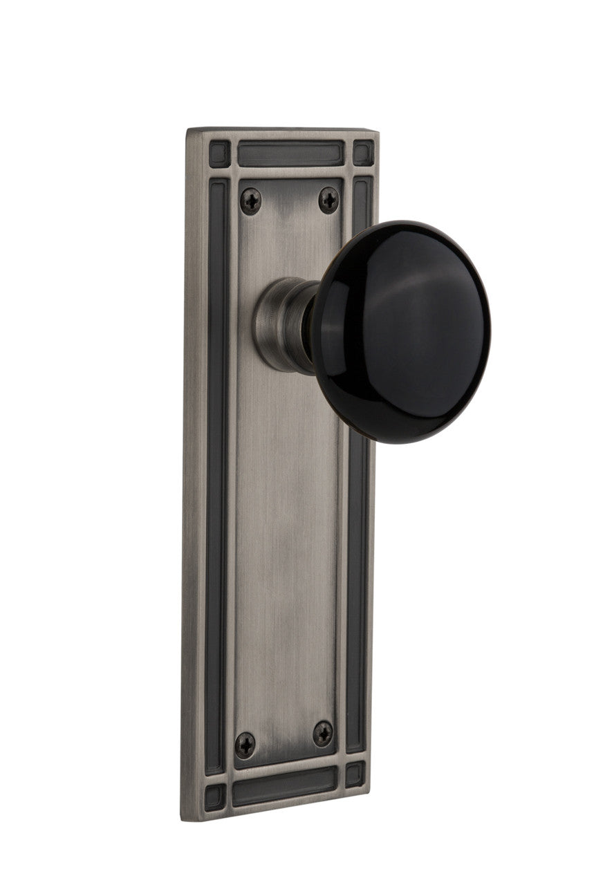 Nostalgic 716223: Mission Backplate w/Black Porcelain Knob Privacy Door Set - Antique Pewter
