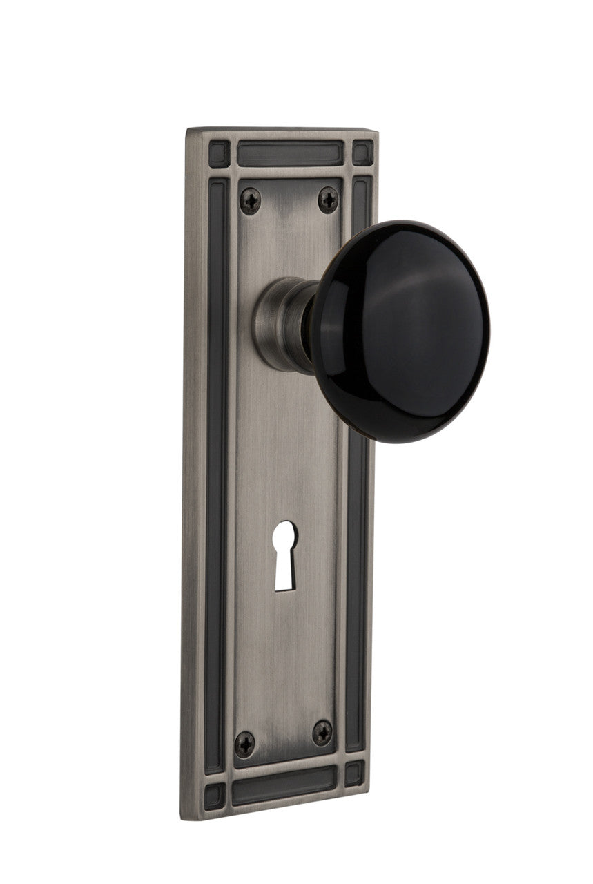 Nostalgic 716287: Mission Backplate w/Black Porcelain Knob Privacy Door Set - Antique Pewter
