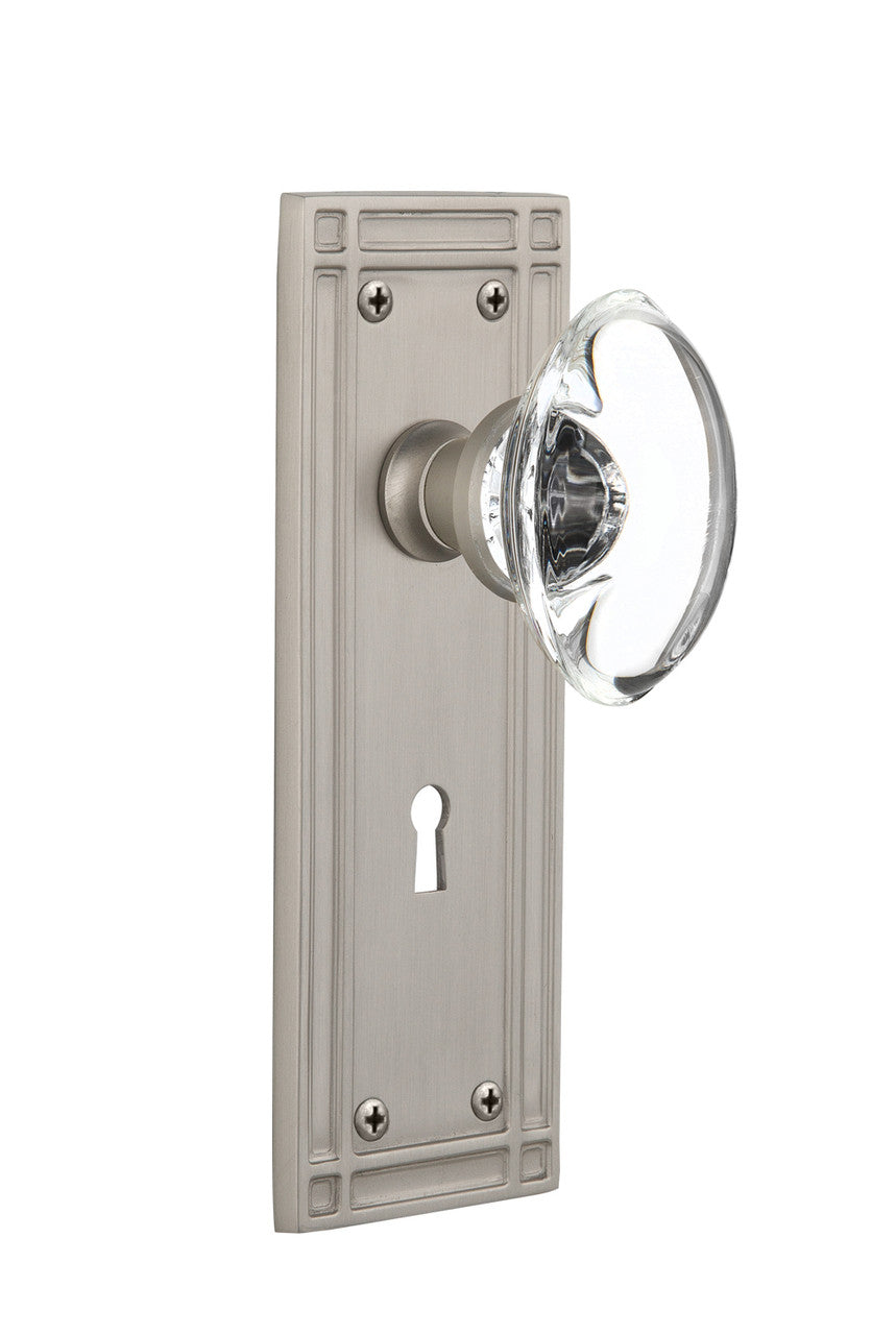 Nostalgic 716297: Mission Backplate w/Oval Clear Glass Crystal Knob Privacy Door Set - Satin Nickel