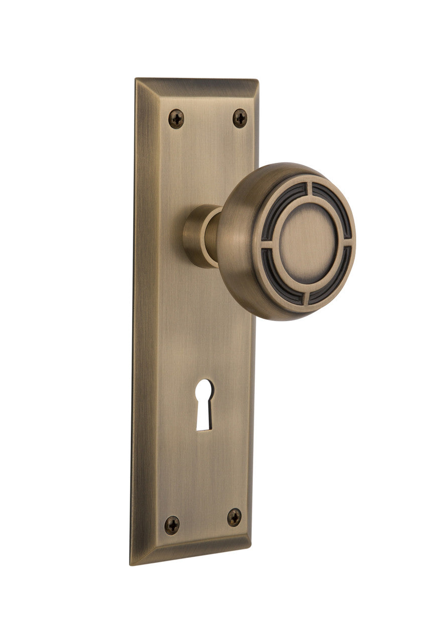 Nostalgic 716686: New York Backplate w/Mission Knob Single Dummy Door Set - Antique Brass