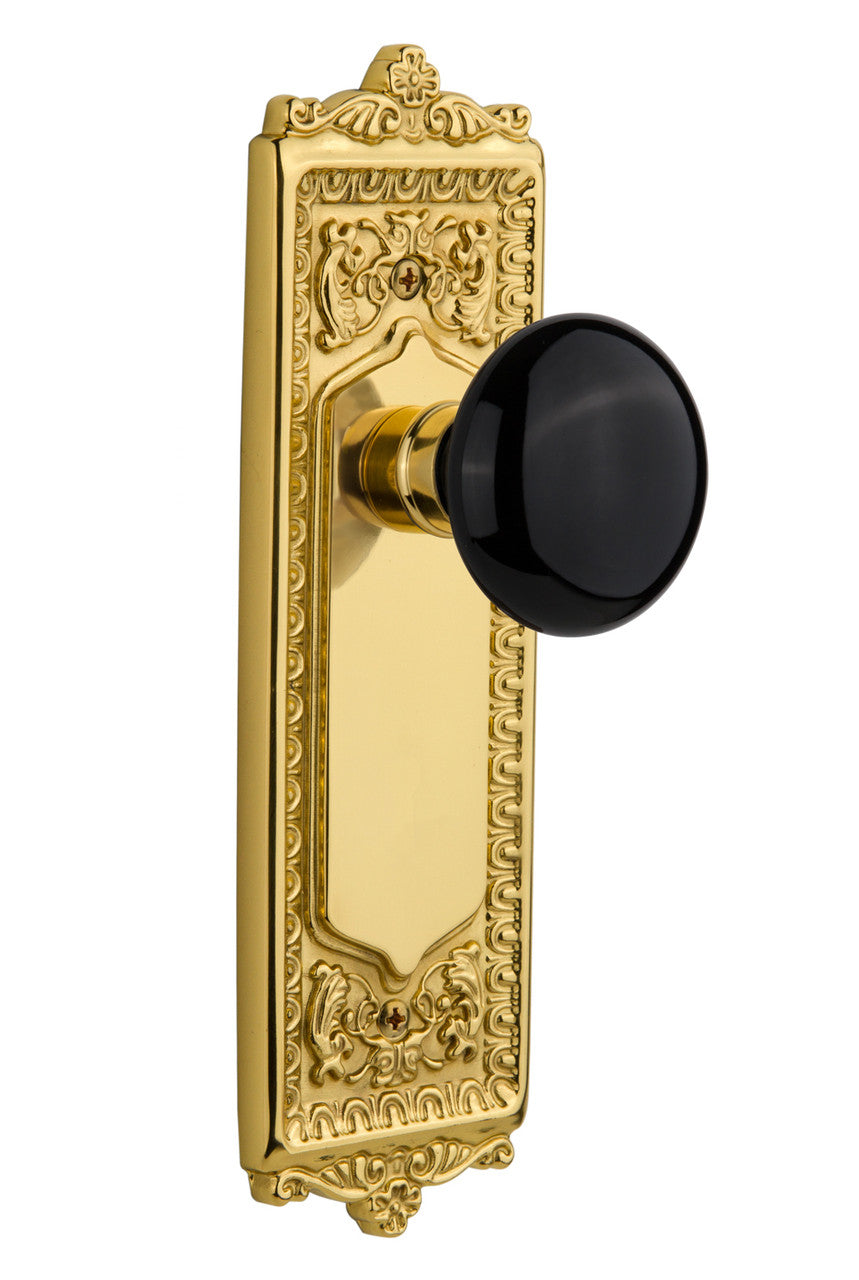 Nostalgic 716934: Egg & Dart Backplate w/Black Porcelain Knob Passage Door Set - Unlacquered Brass