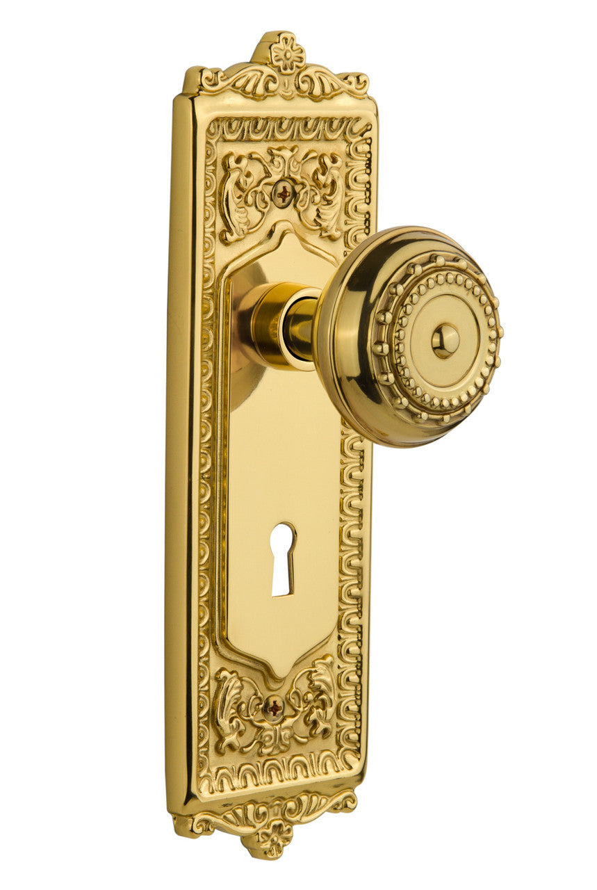 Nostalgic 716942: Egg & Dart Backplate w/Meadows Knob Passage Door Set - Unlacquered Brass
