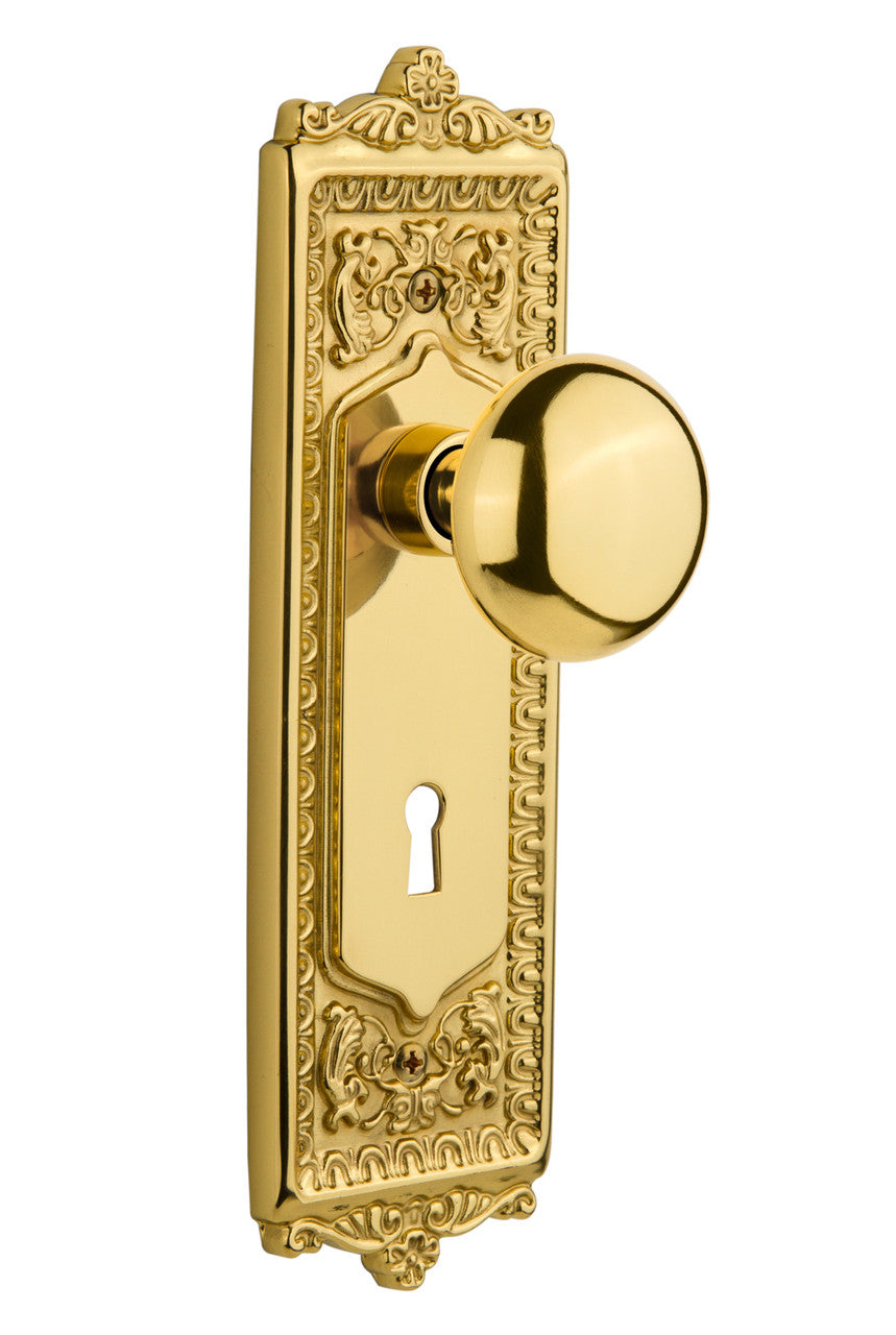 Nostalgic 716943: Egg & Dart Backplate w/New York Knob Passage Door Set - Unlacquered Brass