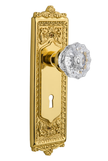 Nostalgic 716965: Egg & Dart Backplate w/Clear Crystal Glass Knob Privacy Door Set - Unlacquered Brass