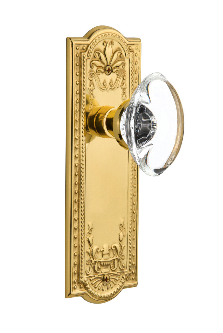 Nostalgic 717014: Meadows Backplate w/Oval Clear Glass Crystal Knob Privacy Door Set - Unlacquered Brass
