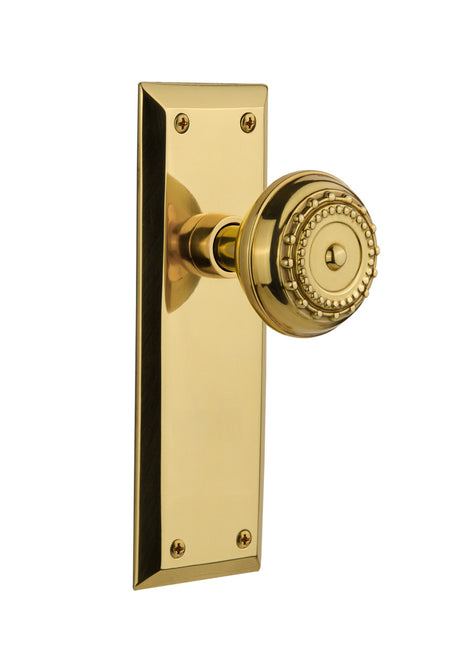 Nostalgic 717033: New York Backplate w/Meadows Knob Passage Door Set - Unlacquered Brass