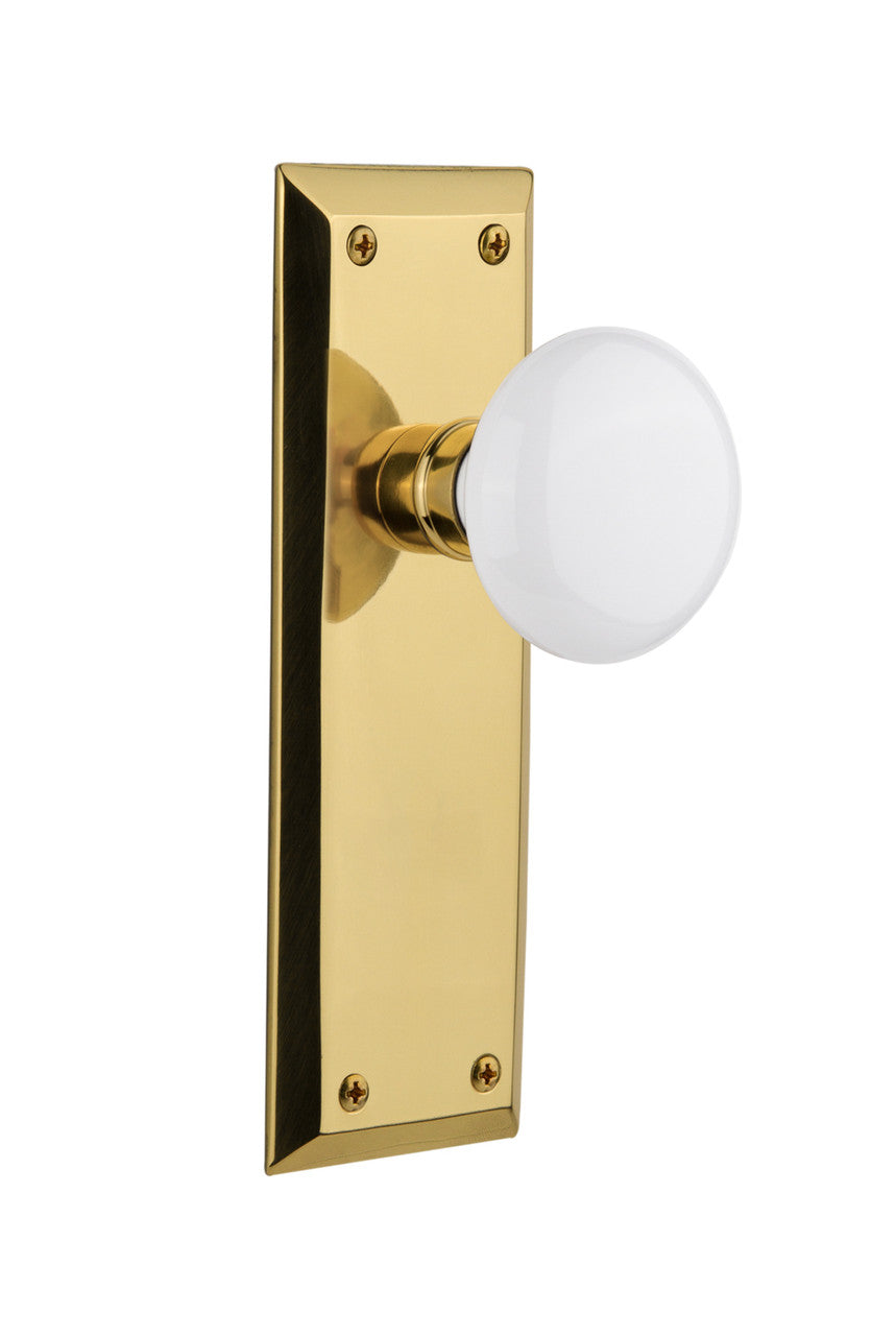 Nostalgic 717063: New York Backplate w/White Porcelain Knob Privacy Door Set - Unlacquered Brass