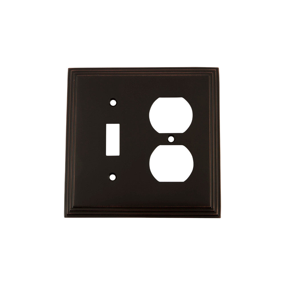Nostalgic Warehouse 719671: Deco Single Toggle/Single Duplex Combination Switchplate - Timeless Bronze