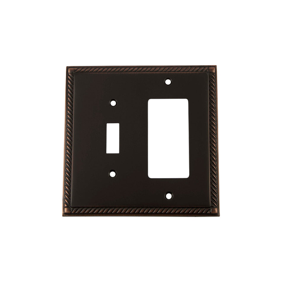 Nostalgic Warehouse 719682: Rope Single Toggle/Single Rocker Combination Switchplate - Timeless Bronze