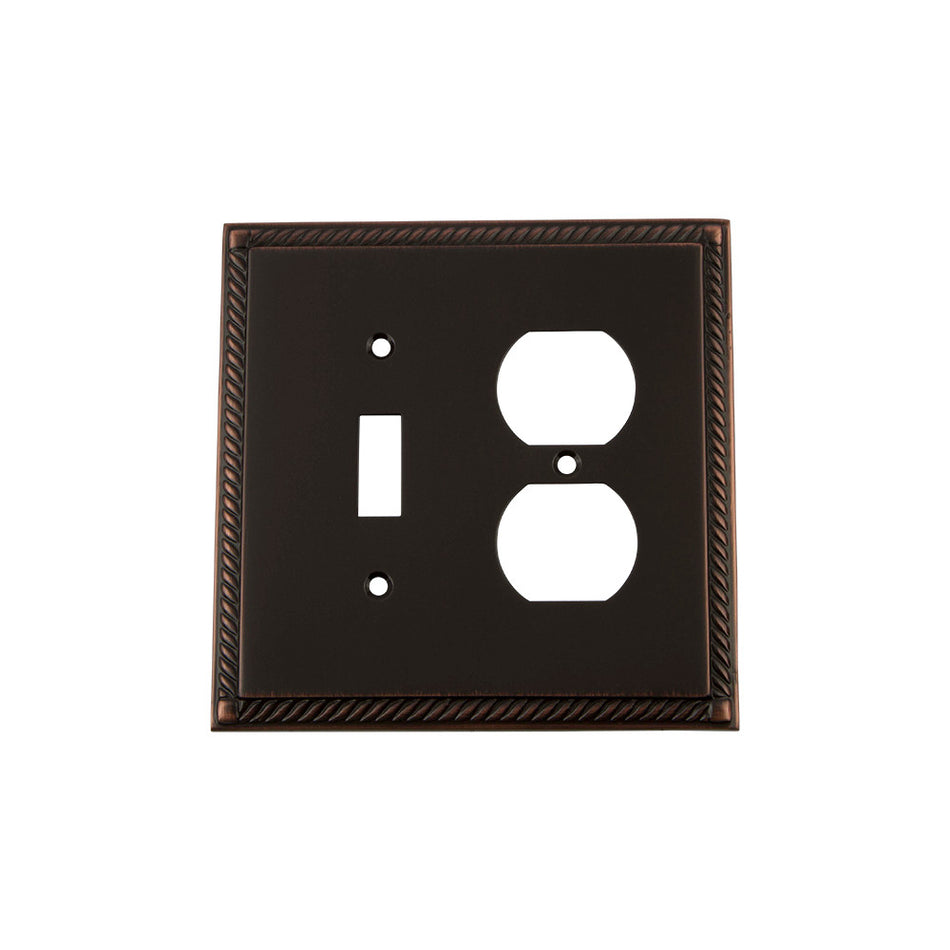 Nostalgic Warehouse 719683: Rope Single Toggle/Single Duplex Combination Switchplate - Timeless Bronze