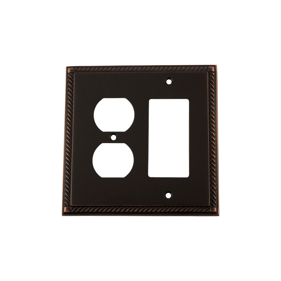 Nostalgic Warehouse 719684: Rope Single Rocker/Single Duplex Combination Switchplate - Timeless Bronze