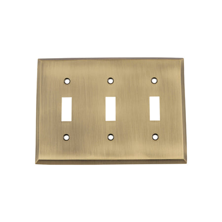 Nostalgic Warehouse 719700: New York Triple Toggle Switchplate - Antique Brass