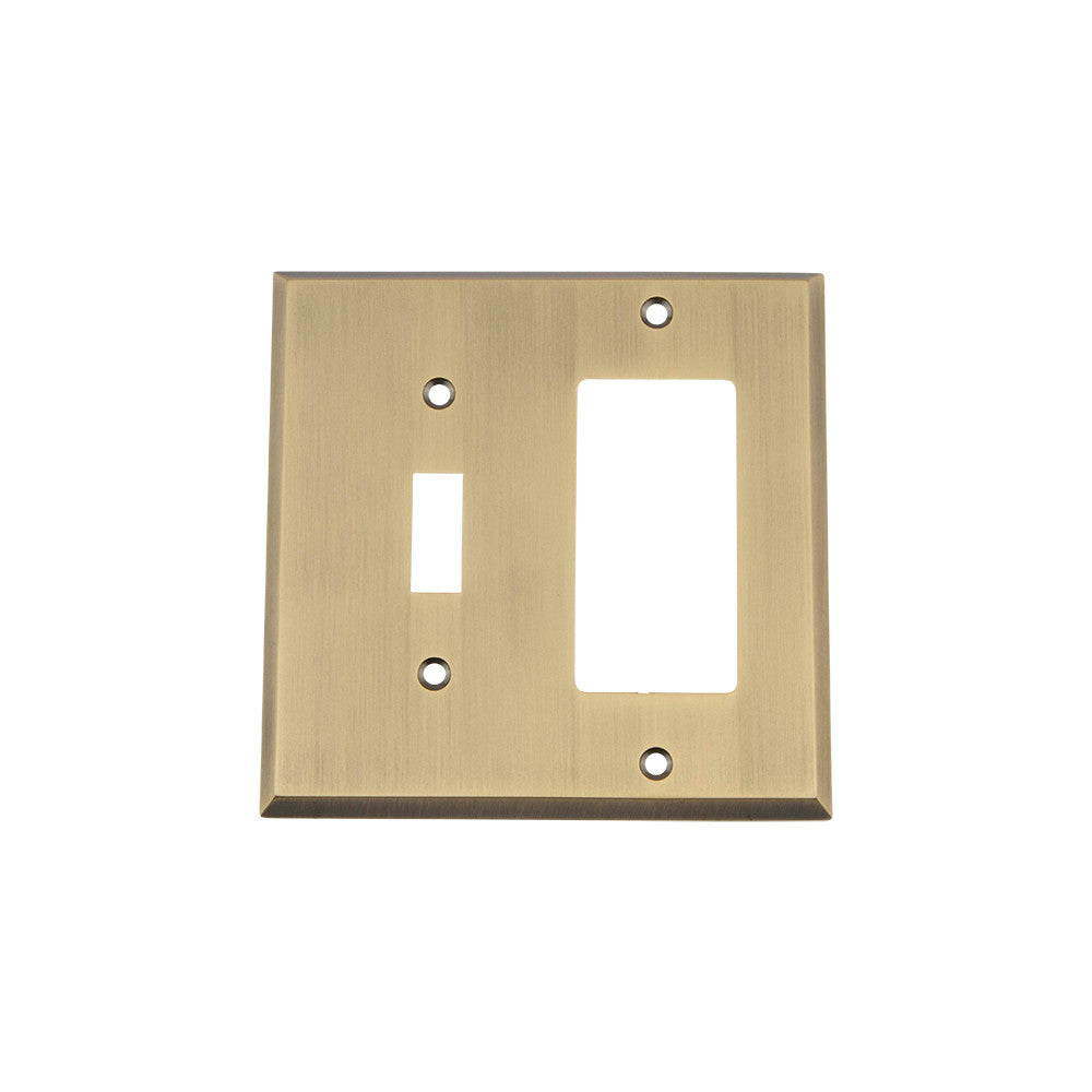 Nostalgic Warehouse 719706: New York Single Toggle/Single Rocker Combination Switchplate - Antique Brass