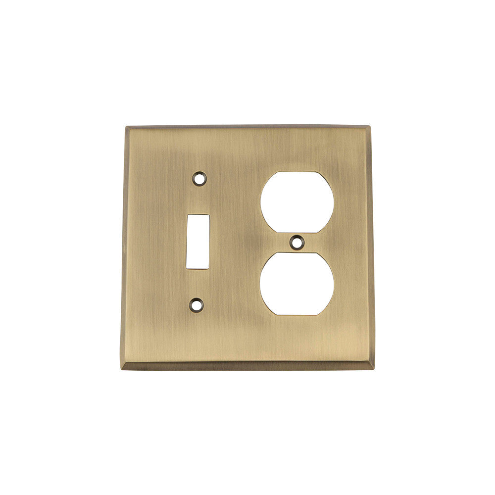 Nostalgic Warehouse 719707: New York Single Toggle/Single Duplex Combination Switchplate - Antique Brass