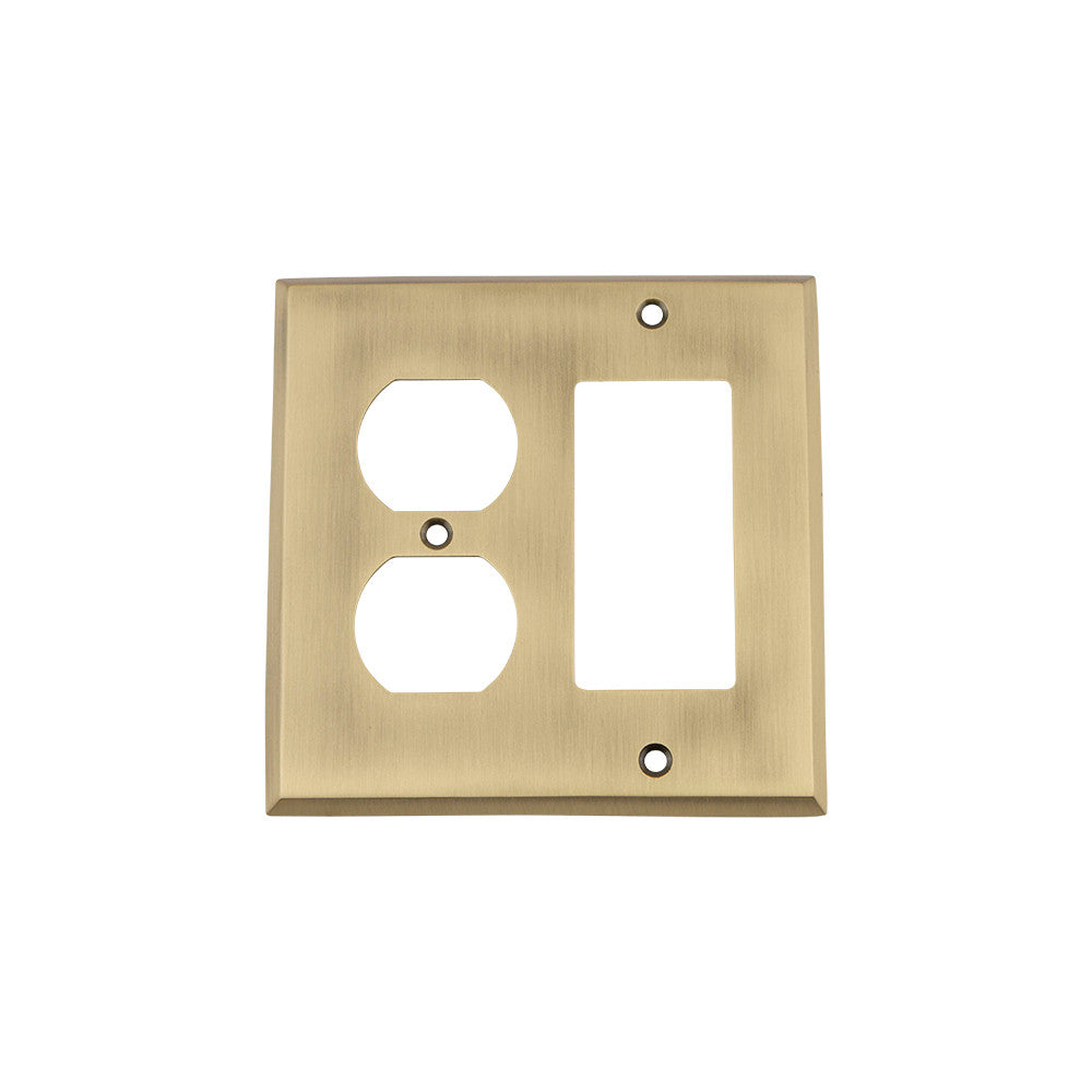 Nostalgic Warehouse 719708: New York Single Rocker/Single Duplex Combination Switchplate - Antique Brass