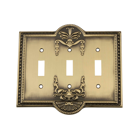 Nostalgic Warehouse 719712: Meadows Triple Toggle Switchplate - Antique Brass