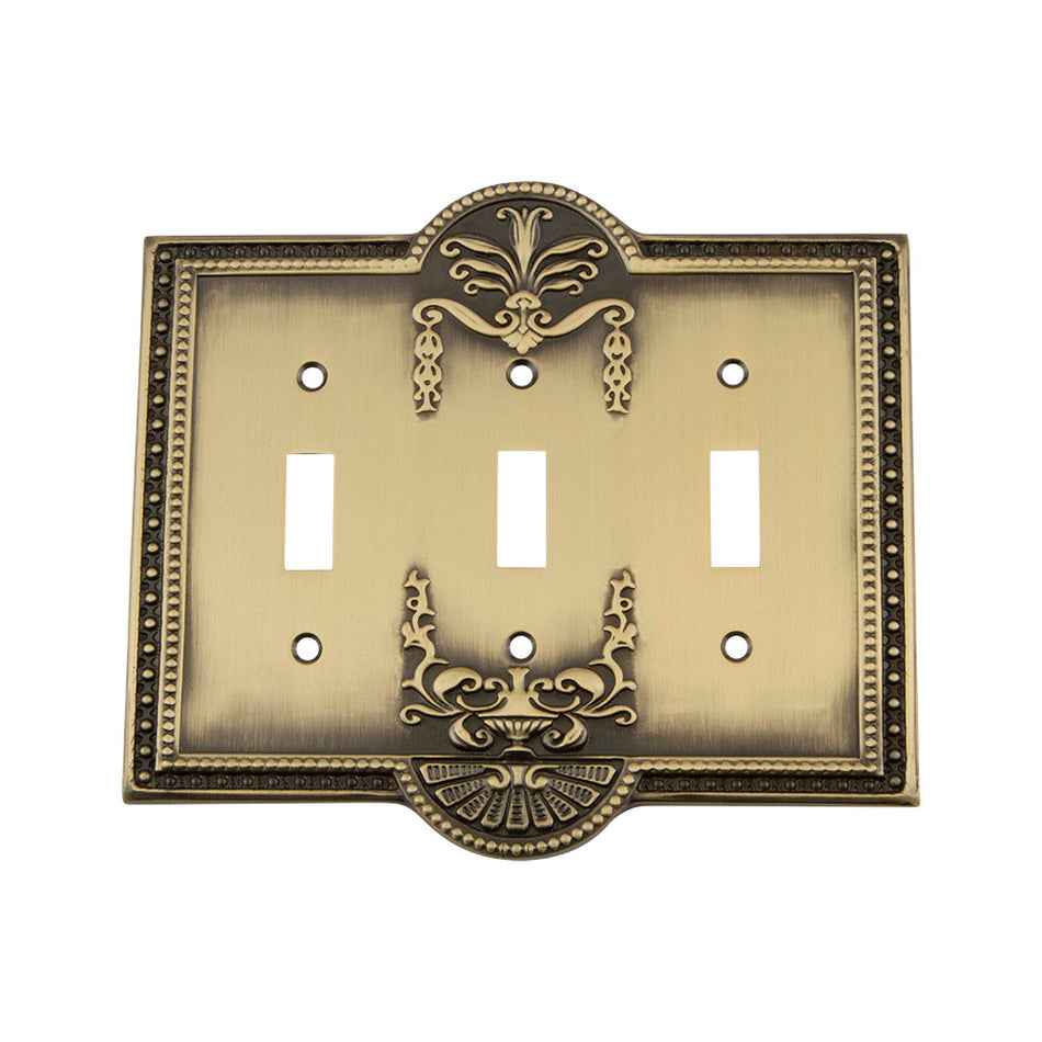 Nostalgic Warehouse 719712: Meadows Triple Toggle Switchplate - Antique Brass