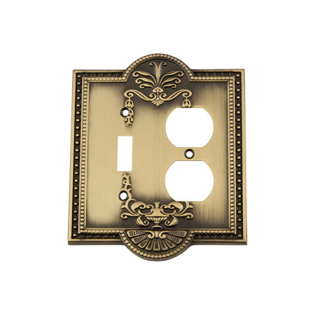 Nostalgic Warehouse 719719: Meadows Single Toggle/Single Duplex Combination Switchplate - Antique Brass