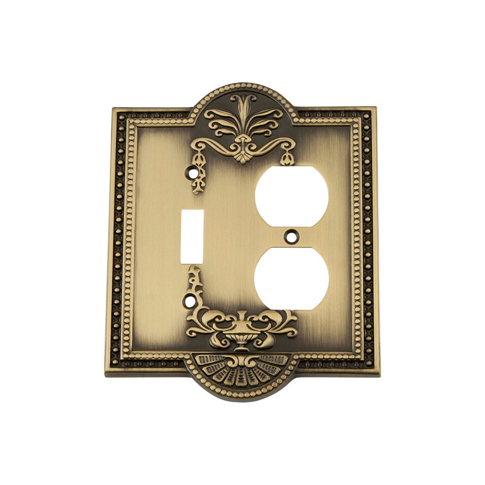 Nostalgic Warehouse 719719: Meadows Single Toggle/Single Duplex Combination Switchplate - Antique Brass