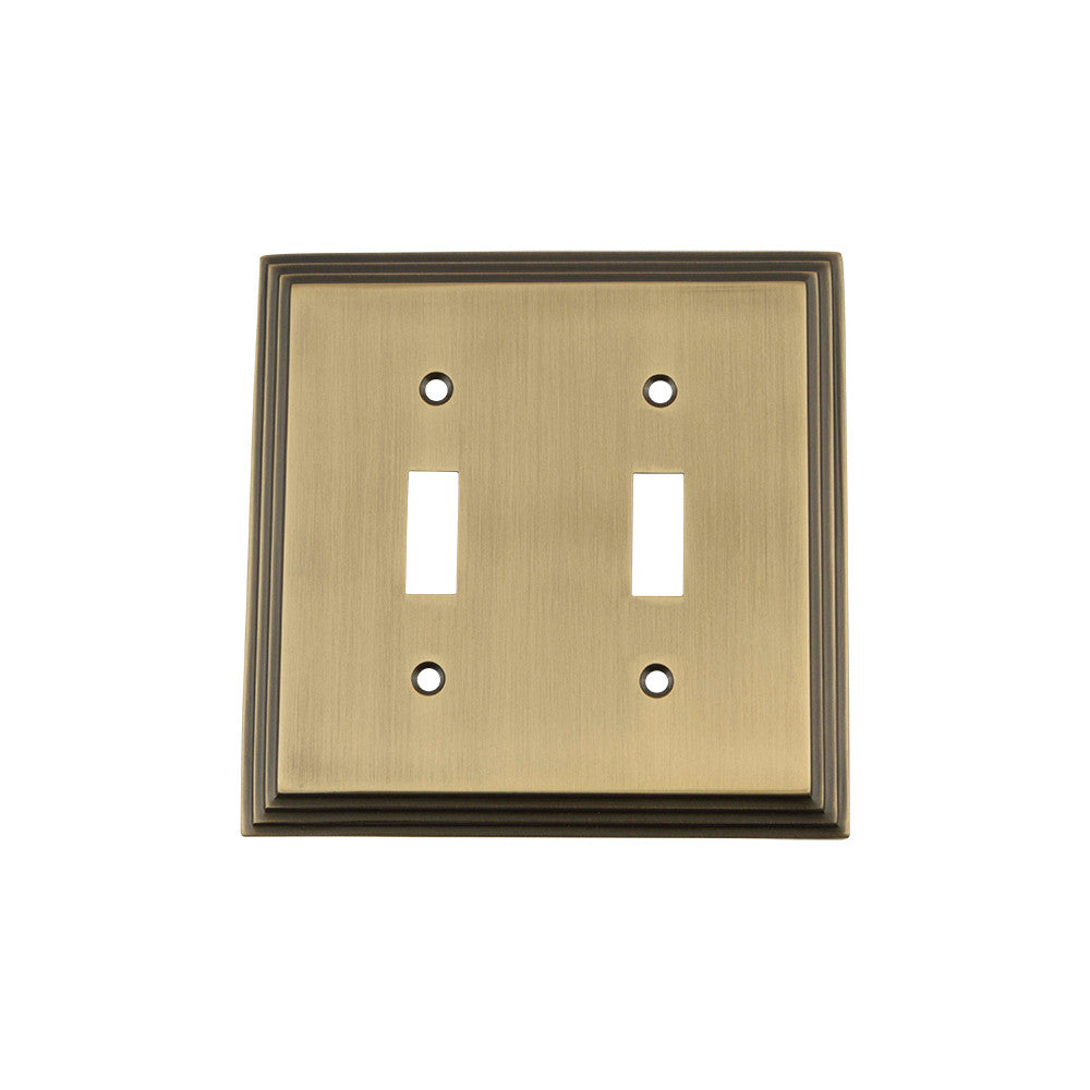 Nostalgic Warehouse 719735: Deco Double Toggle Switchplate - Antique Brass