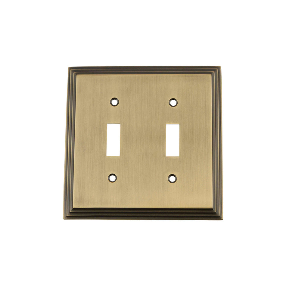 Nostalgic Warehouse 719735: Deco Double Toggle Switchplate - Antique Brass
