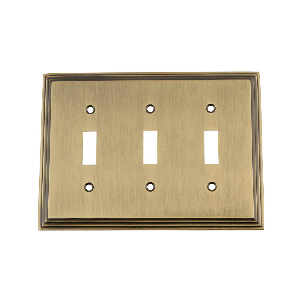 Nostalgic Warehouse 719736: Deco Triple Toggle Switchplate - Antique Brass