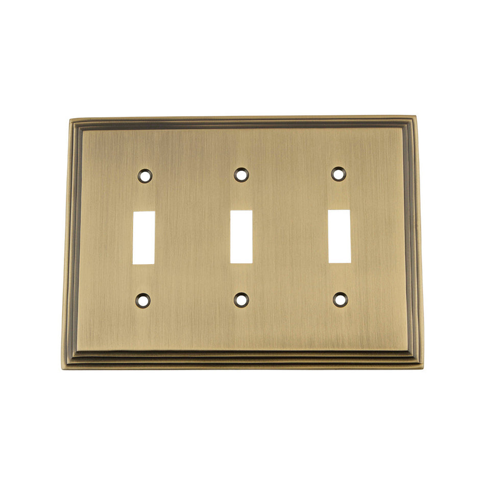 Nostalgic Warehouse 719736: Deco Triple Toggle Switchplate - Antique Brass