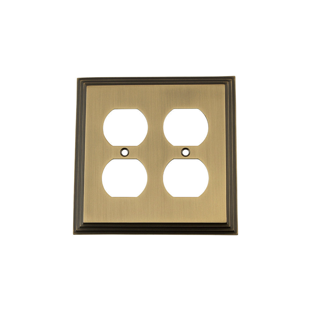 Nostalgic Warehouse 719741: Deco Double Duplex Switchplate - Antique Brass