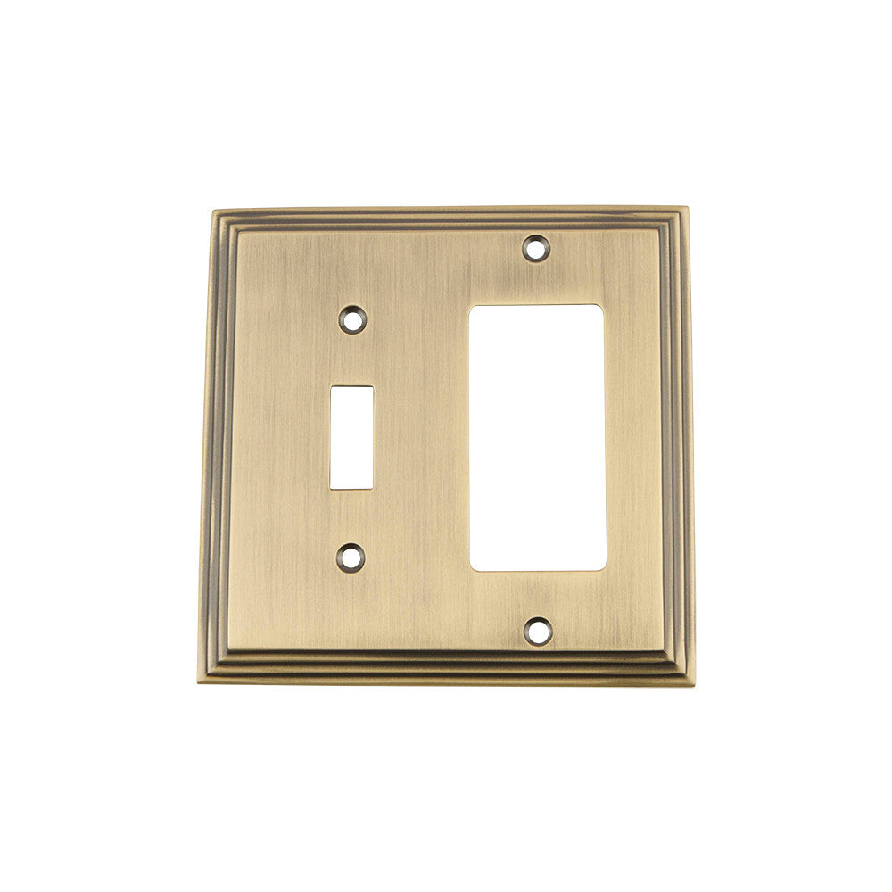 Nostalgic Warehouse 719742: Deco Single Toggle/Single Rocker Combination Switchplate - Antique Brass