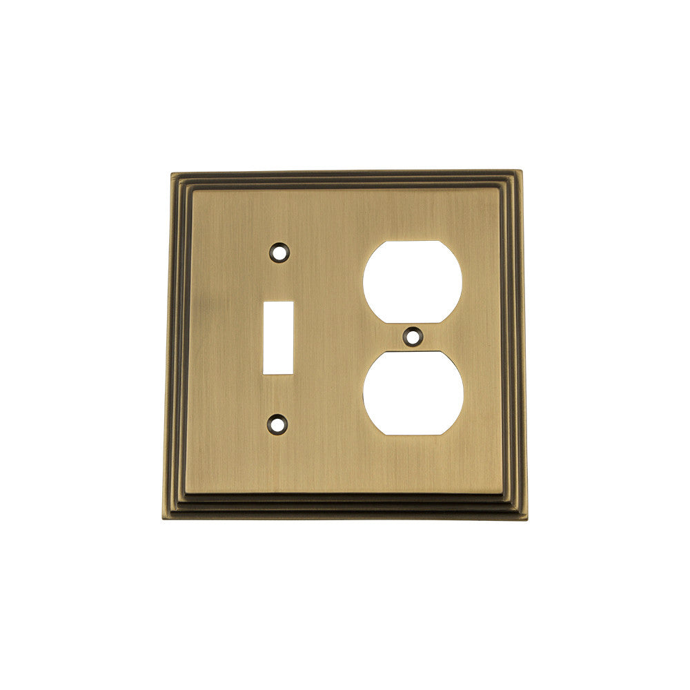 Nostalgic Warehouse 719743: Deco Single Toggle/Single Duplex Combination Switchplate - Antique Brass