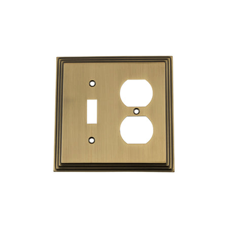 Nostalgic Warehouse 719743: Deco Single Toggle/Single Duplex Combination Switchplate - Antique Brass