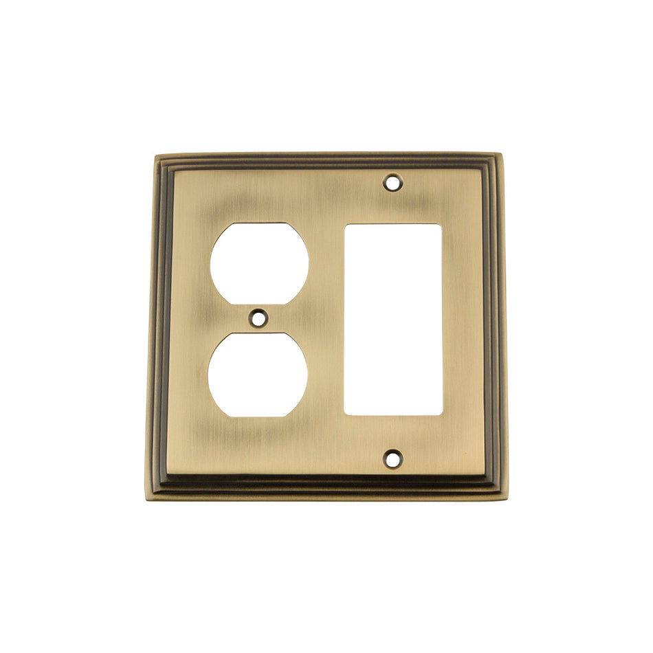 Nostalgic Warehouse 719744: Deco Single Rocker/Single Duplex Combination Switchplate - Antique Brass