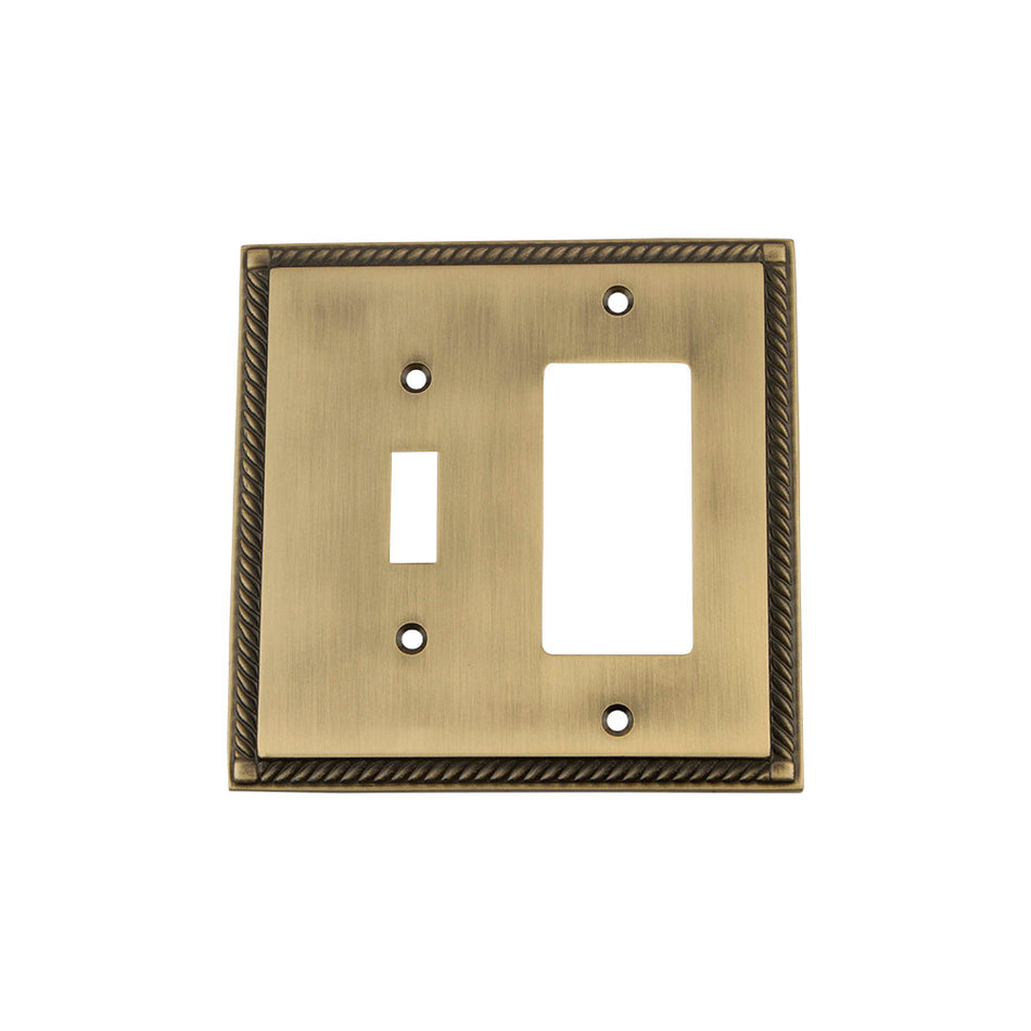 Nostalgic Warehouse 719754: Rope Single Toggle/Single Rocker Combination Switchplate - Antique Brass