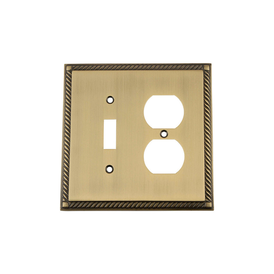 Nostalgic Warehouse 719755: Rope Single Toggle/Single Duplex Combination Switchplate - Antique Brass